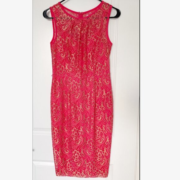 Ellen Tracy Pink Metallic Lace with Gold Belt - Size 2P - Picture 1 of 3